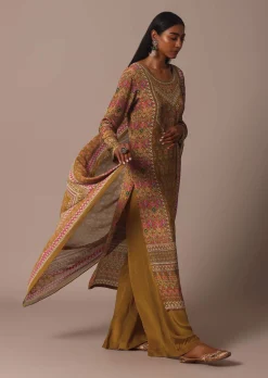 Mustard Printed Palazzo Set In Chiffon With Stone Work Kurta