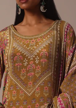 Mustard Printed Palazzo Set In Chiffon With Stone Work Kurta