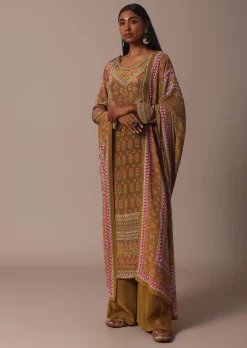 Mustard Printed Palazzo Set In Chiffon With Stone Work Kurta