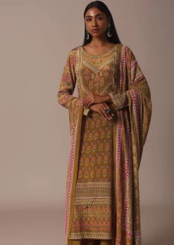 Mustard Printed Palazzo Set In Chiffon With Stone Work Kurta