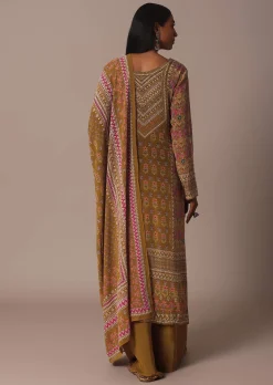 Mustard Printed Palazzo Set In Chiffon With Stone Work Kurta
