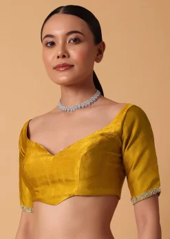 Mustard Satin Chinnon Saree With Mirror Detail Border And Unstitched Blouse Piece