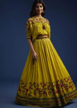 Mustard Silk Blend Crop Top And Skirt With Resham Work