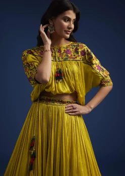 Mustard Silk Blend Crop Top And Skirt With Resham Work