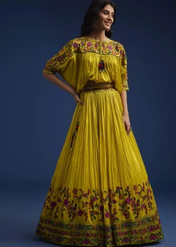 Mustard Silk Blend Crop Top And Skirt With Resham Work