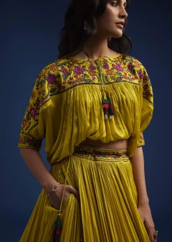 Mustard Silk Blend Crop Top And Skirt With Resham Work