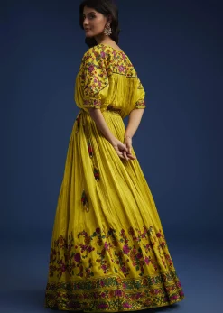 Mustard Silk Blend Crop Top And Skirt With Resham Work