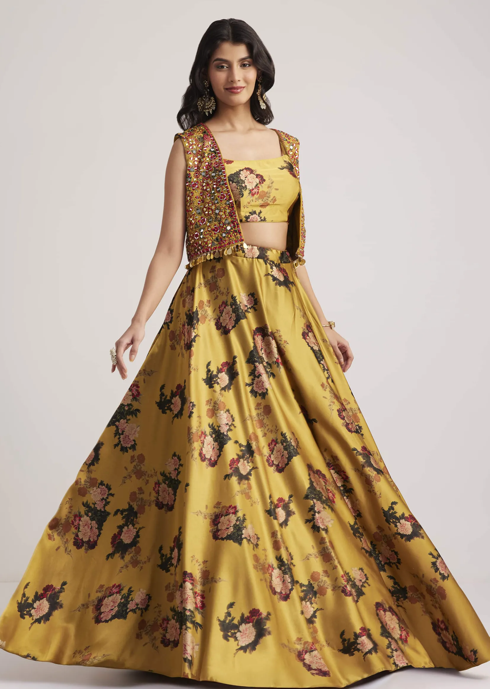 Mustard Silk Floral Skirt Set With Jacket And Mirror Work