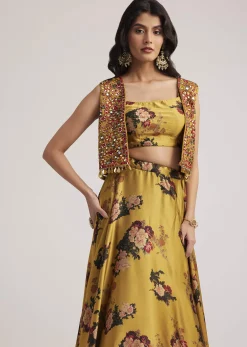 Mustard Silk Floral Skirt Set With Jacket And Mirror Work
