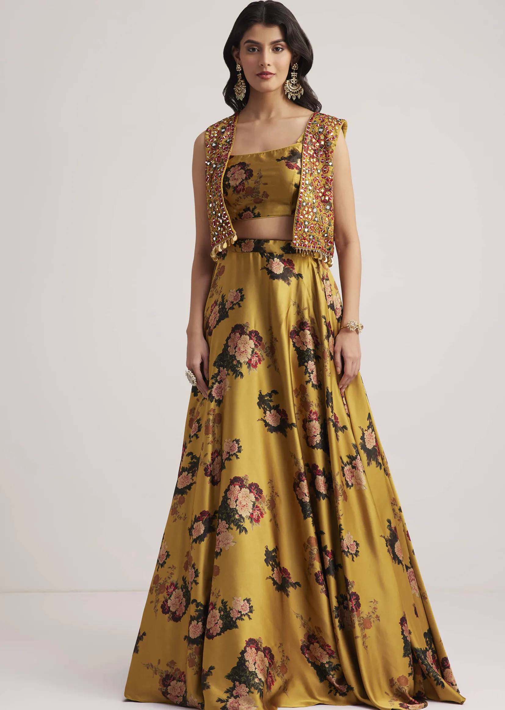 Mustard Silk Floral Skirt Set With Jacket And Mirror Work