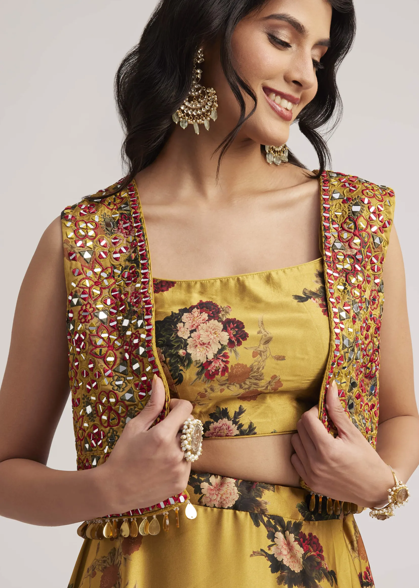 Mustard Silk Floral Skirt Set With Jacket And Mirror Work