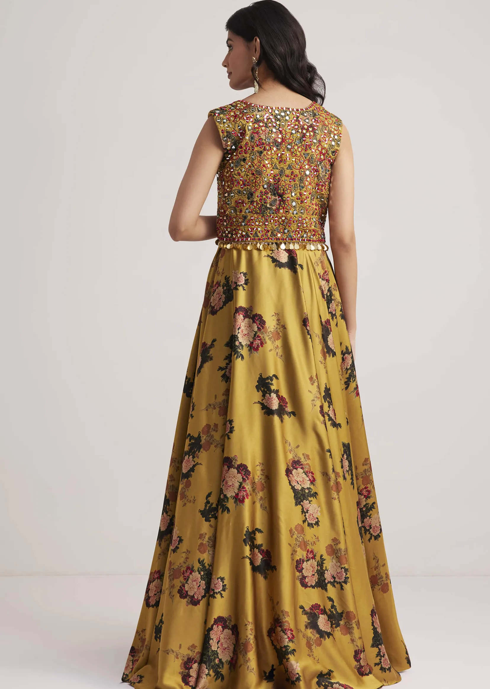 Mustard Silk Floral Skirt Set With Jacket And Mirror Work