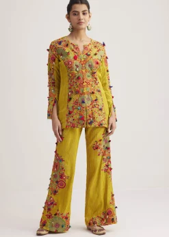 Mustard Silk Kurta Palazzo Set With Resham And Zari Embroidery