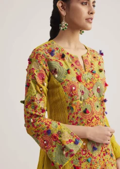 Mustard Silk Kurta Palazzo Set With Resham And Zari Embroidery