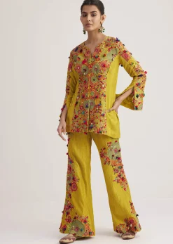 Mustard Silk Kurta Palazzo Set With Resham And Zari Embroidery