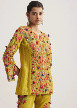 Mustard Silk Kurta Palazzo Set With Resham And Zari Embroidery