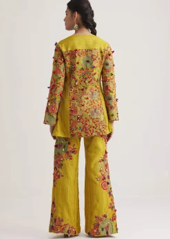 Mustard Silk Kurta Palazzo Set With Resham And Zari Embroidery