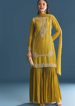 Mustard Silk Kurta Sharara Suit With Sequins And Cutdana Work