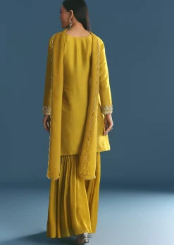 Mustard Silk Kurta Sharara Suit With Sequins And Cutdana Work