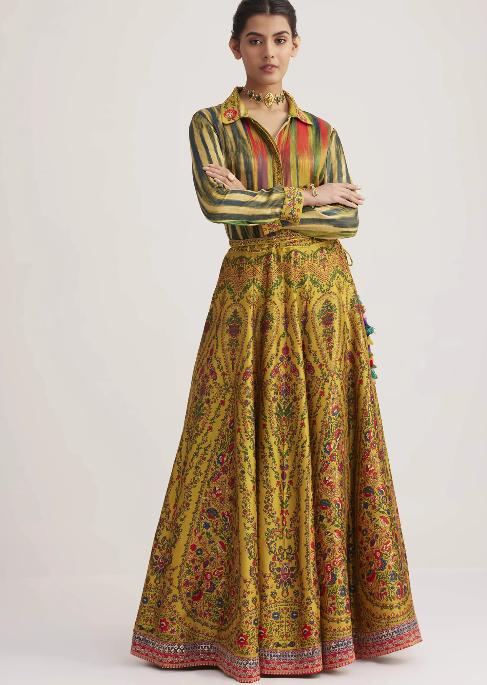 Mustard Silk Skirt Set With Print And Bead Details