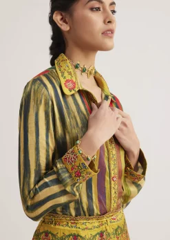 Mustard Silk Skirt Set With Print And Bead Details