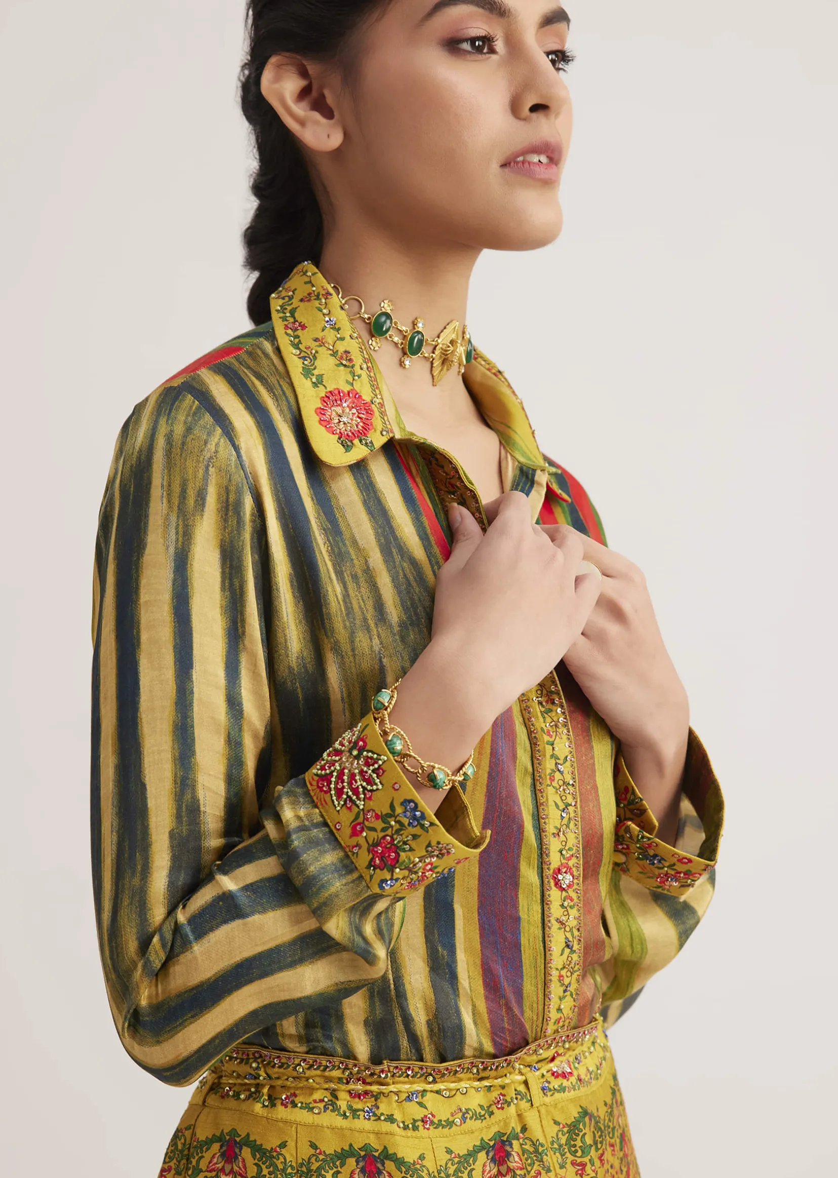 Mustard Silk Skirt Set With Print And Bead Details
