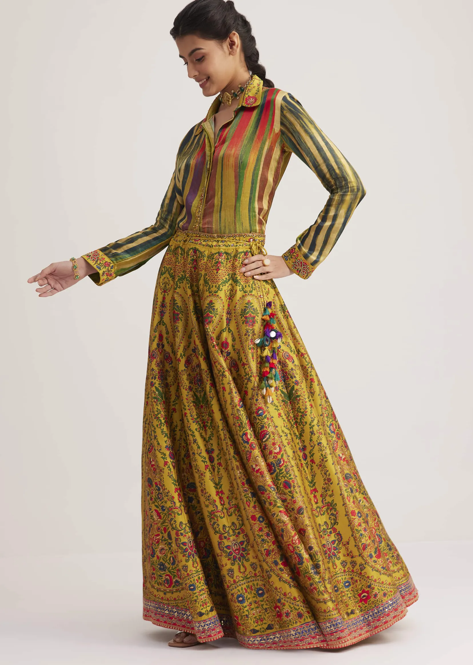 Mustard Silk Skirt Set With Print And Bead Details