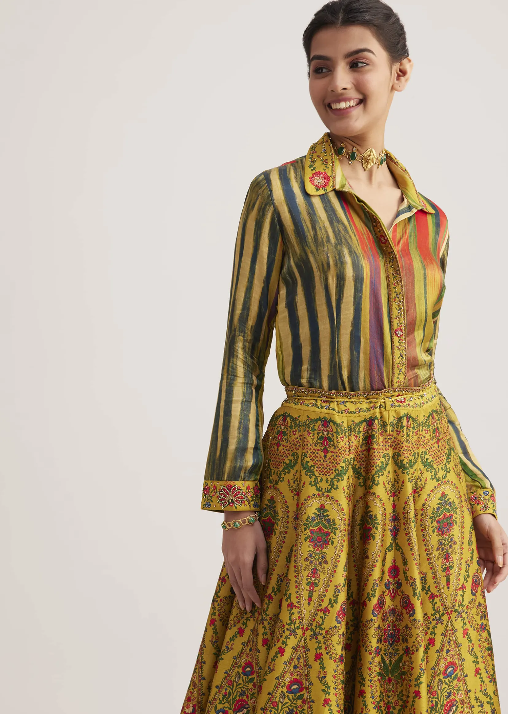 Mustard Silk Skirt Set With Print And Bead Details