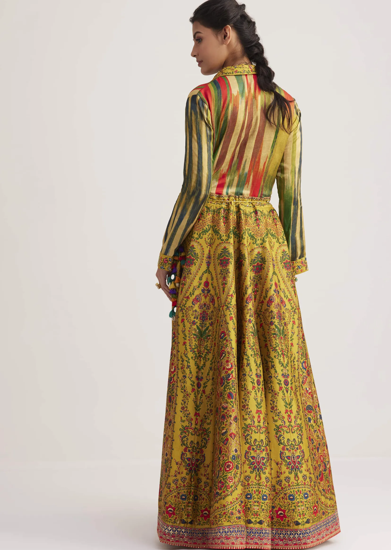 Mustard Silk Skirt Set With Print And Bead Details