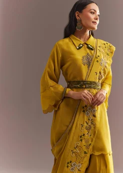 Mustard Tissue Embroidered Kurta Dhoti With Pre Draped Dupatta And Belt