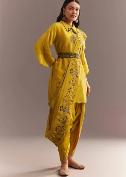 Mustard Tissue Embroidered Kurta Dhoti With Pre Draped Dupatta And Belt