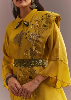Mustard Tissue Embroidered Kurta Dhoti With Pre Draped Dupatta And Belt