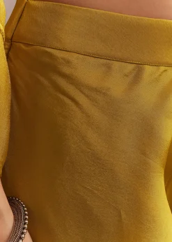 Mustard Tissue Embroidered Kurta Dhoti With Pre Draped Dupatta And Belt