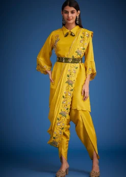 Mustard Tissue Embroidered Dhoti Set