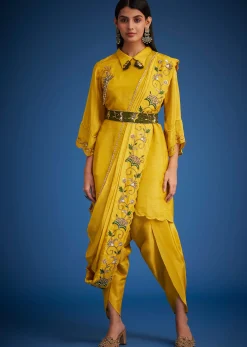 Mustard Tissue Embroidered Dhoti Set