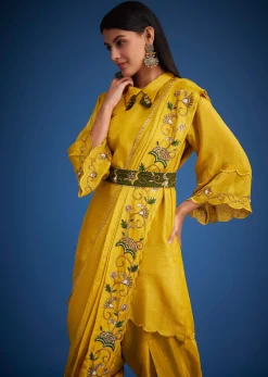 Mustard Tissue Embroidered Dhoti Set