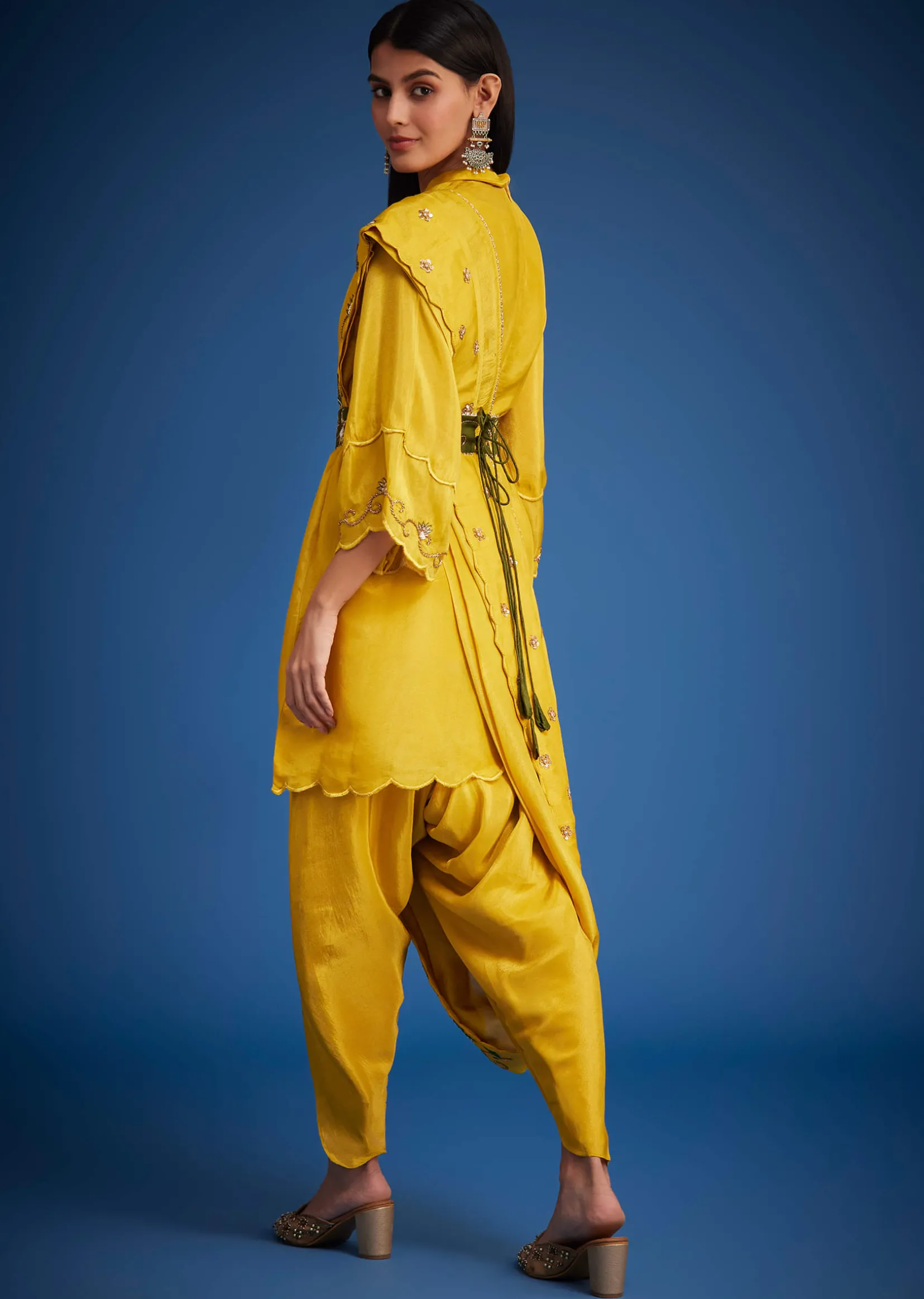 Mustard Tissue Embroidered Dhoti Set