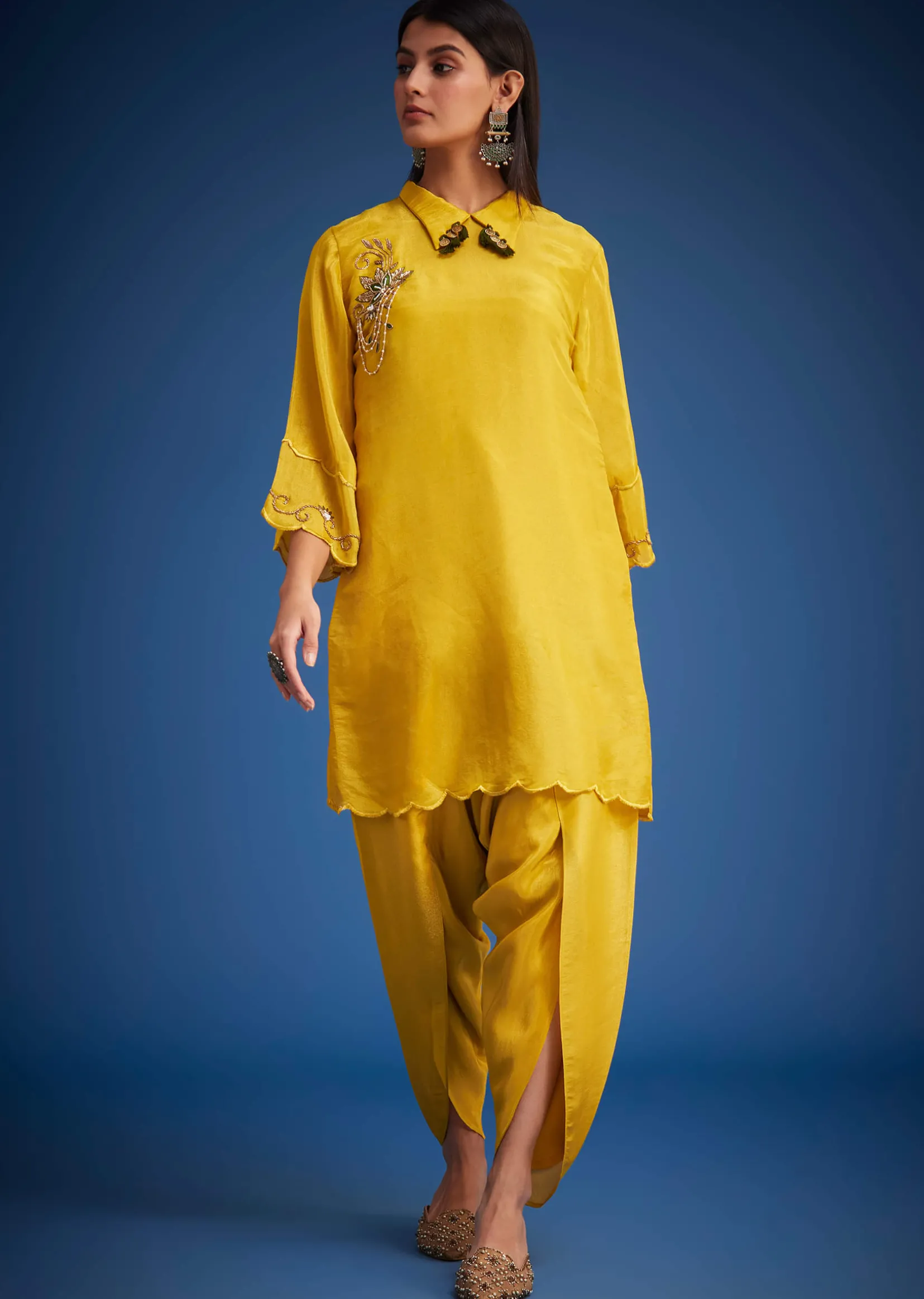 Mustard Tissue Embroidered Dhoti Set