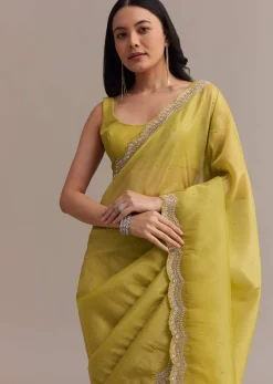 Mustard Tissue Organza Saree With Sequins Embellished Border