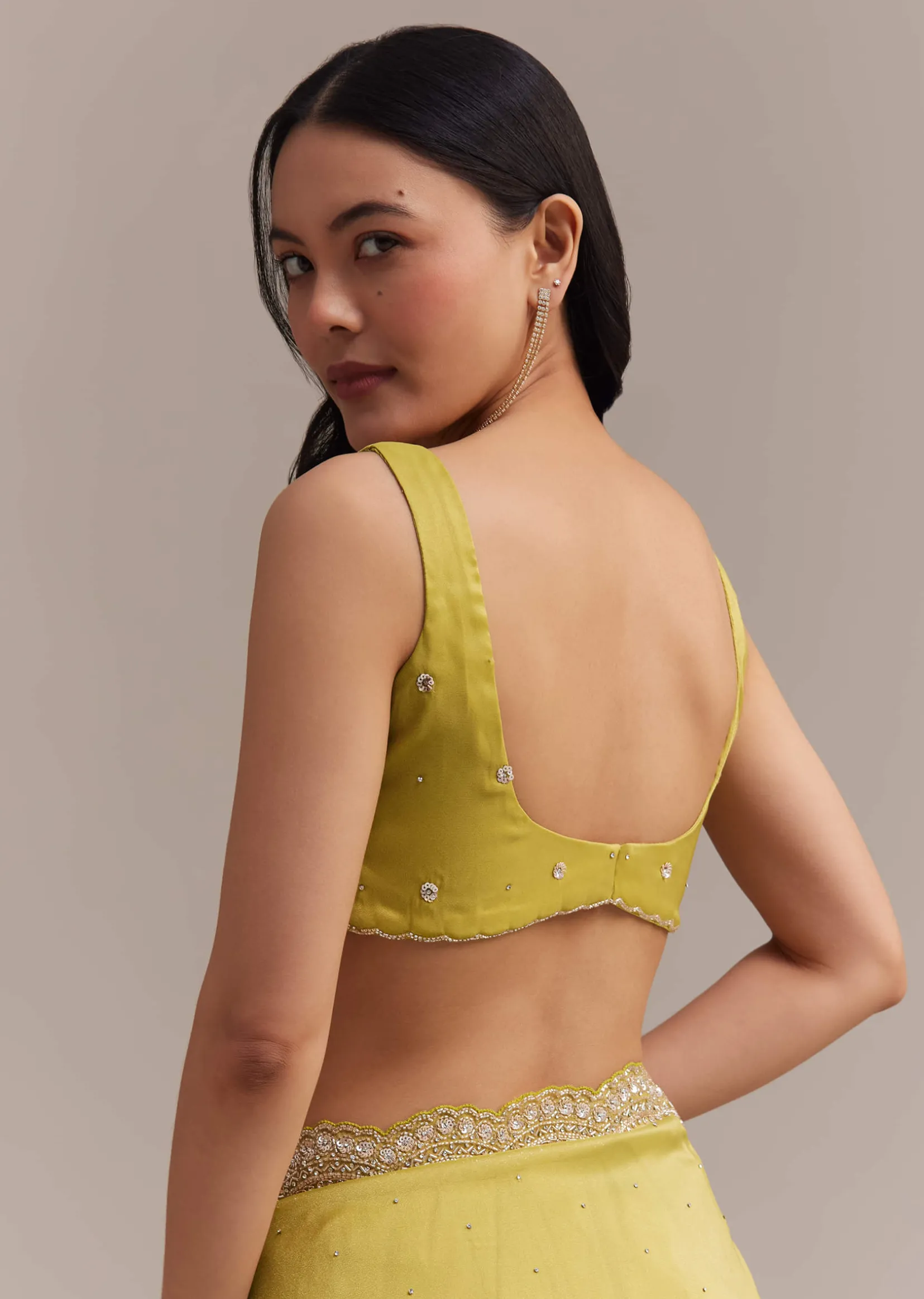 Mustard Tissue Organza Saree With Sequins Embellished Border