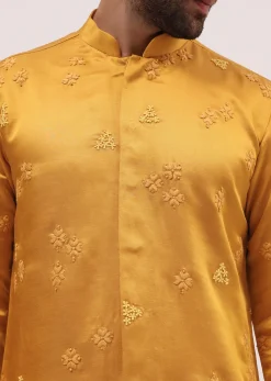 Mustard Yellow Bud Embroidered Silk Kurta Set For Men