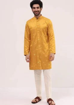 Mustard Yellow Bud Embroidered Silk Kurta Set For Men