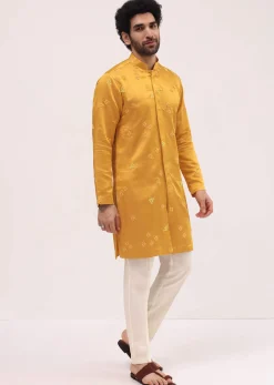 Mustard Yellow Bud Embroidered Silk Kurta Set For Men