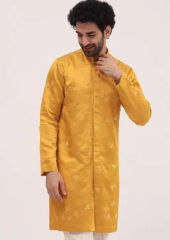 Mustard Yellow Bud Embroidered Silk Kurta Set For Men