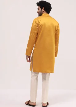 Mustard Yellow Bud Embroidered Silk Kurta Set For Men