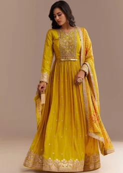 Mustard Yellow Chiffon Zardosi Anarkali Set