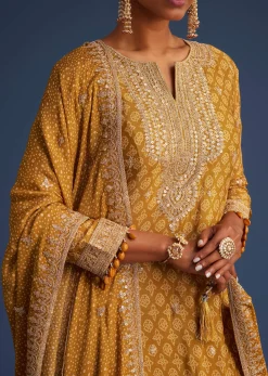 Mustard Yellow Chinon Bandhani Palazzo Set