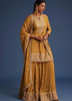 Mustard Yellow Chinon Bandhani Palazzo Set
