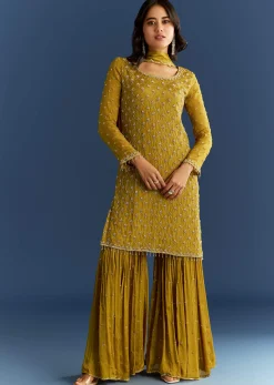 Mustard Yellow Chinon Kurta With Sharara And Dupatta