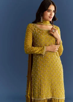 Mustard Yellow Chinon Kurta With Sharara And Dupatta